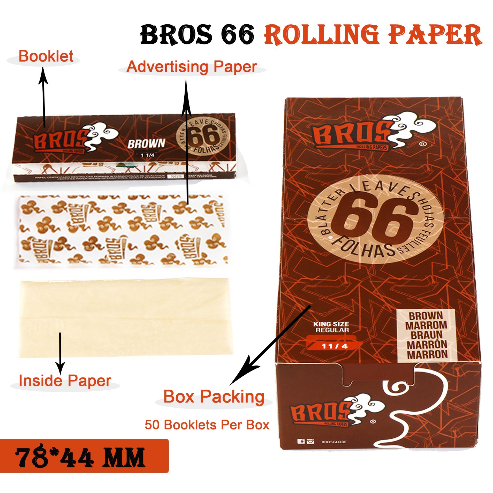 
                Bros 66 Leaves Premium Unbleached Brown Natural 50 Booklet 1 1/4 78*44 mm Rolling P